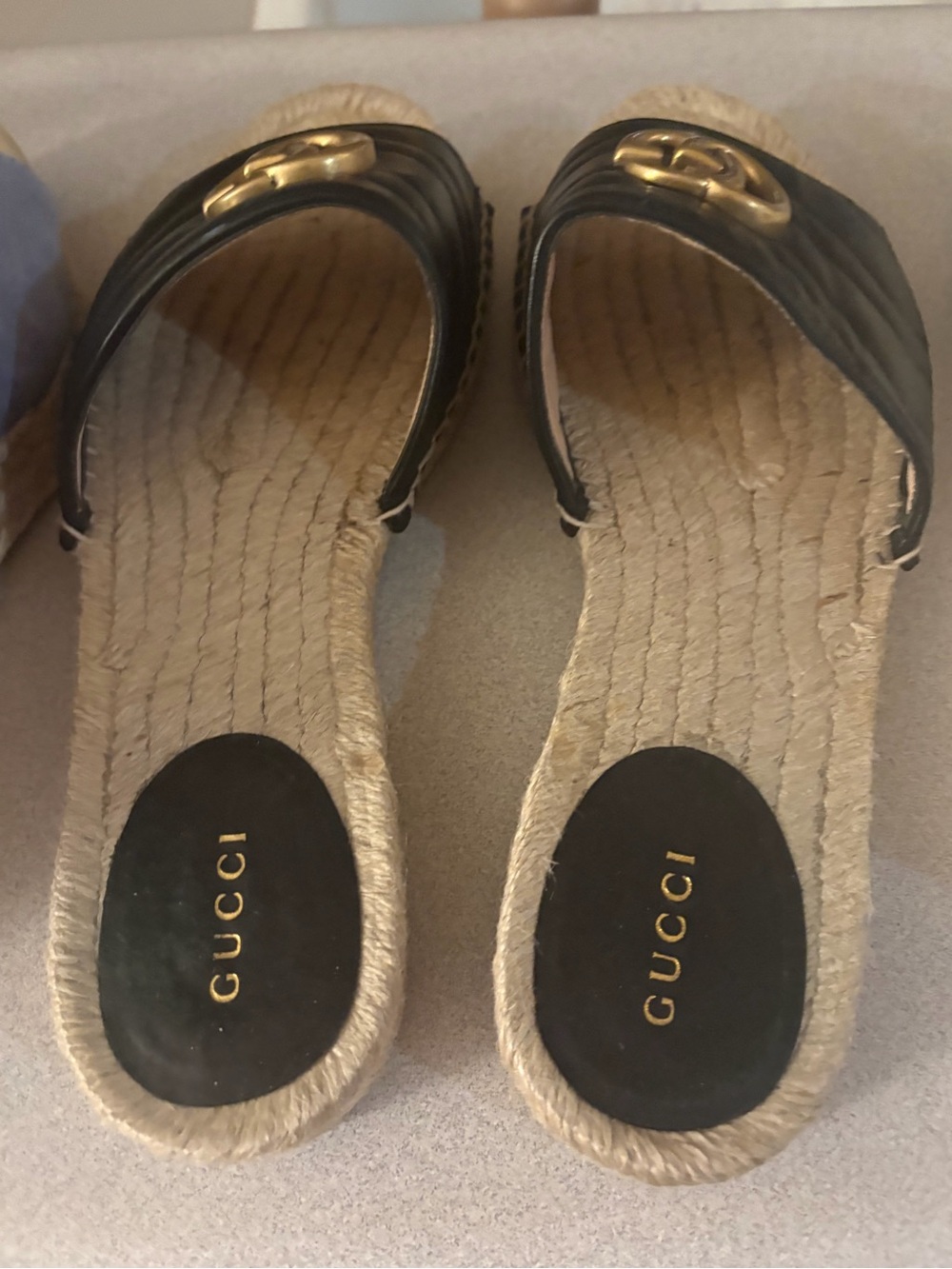 Gucci Black Leather Espadrille Slide Sandals